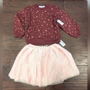 OLD NAVY Girls Floral Burgandy Sweatshirt and Pink Tulle Skirt Set Size 4t